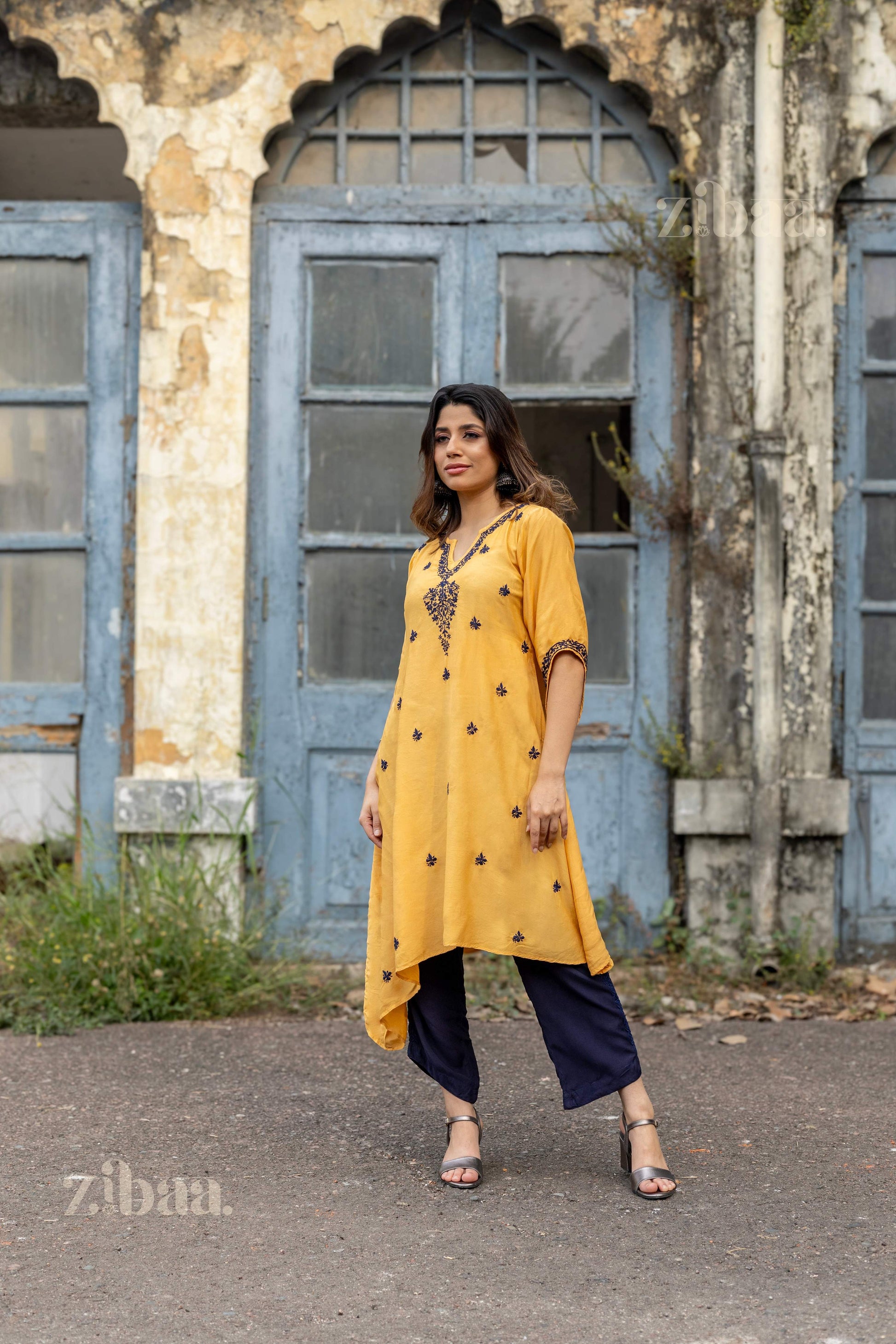 Zibaa Muslin Golden Beige Chikankari Co-ord Set 