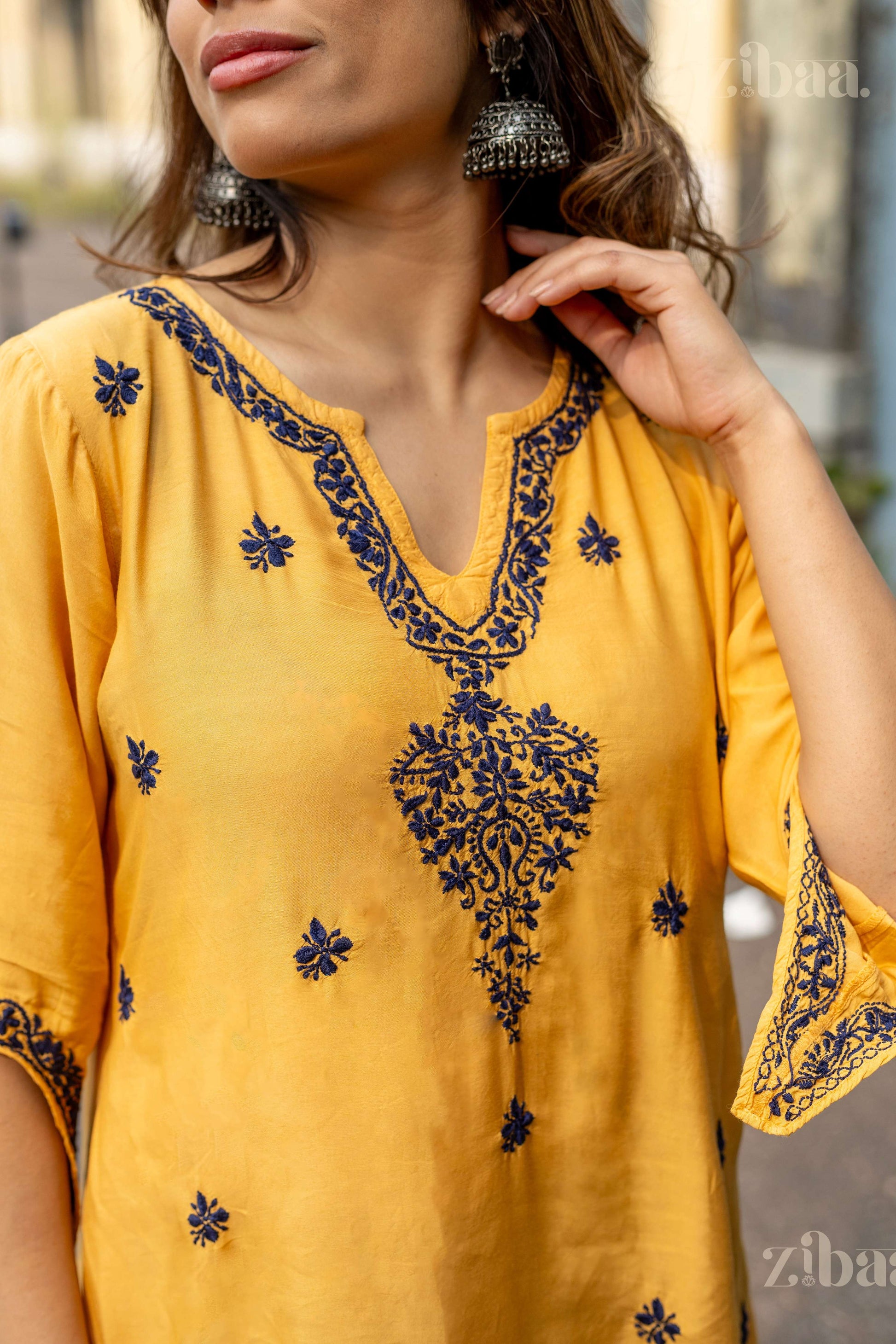 Zibaa Muslin Golden Beige Chikankari Co-ord Set 