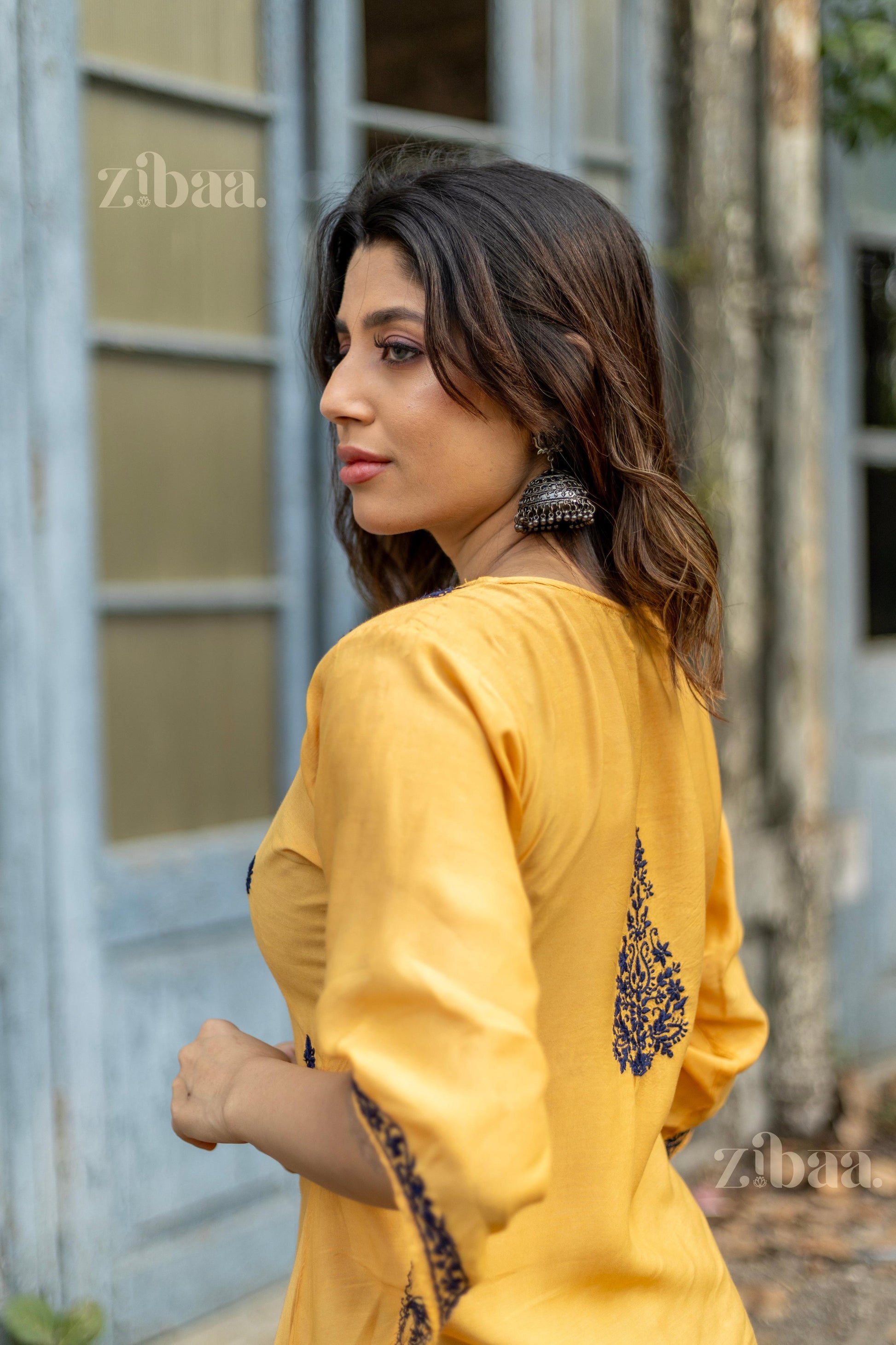 Zibaa Muslin Golden Beige Chikankari Co-ord Set 