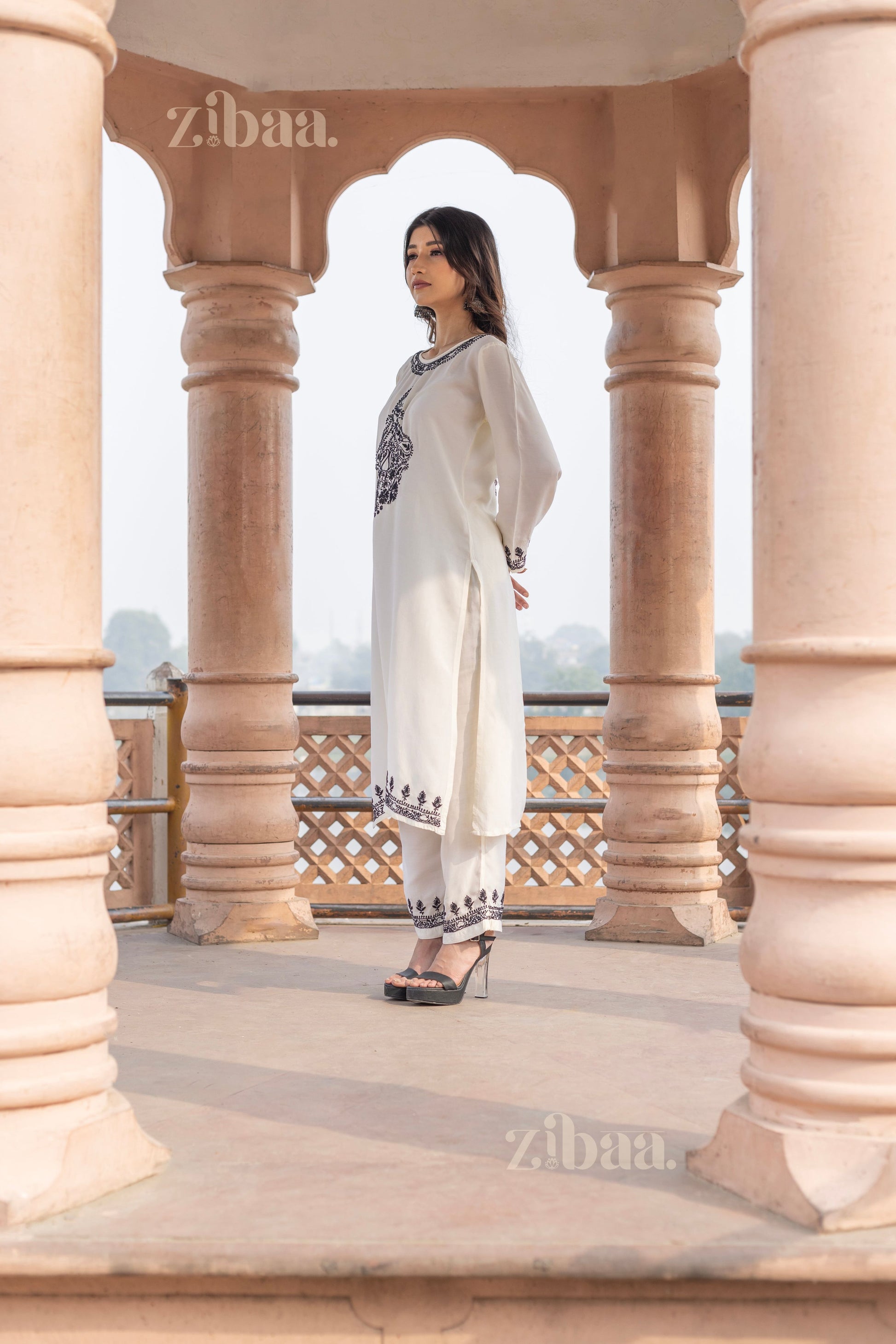 Zibaa Muslin Black & White Chikankari Co-ord Set 