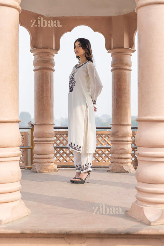 Zibaa Muslin Black & White Chikankari Co-ord Set 