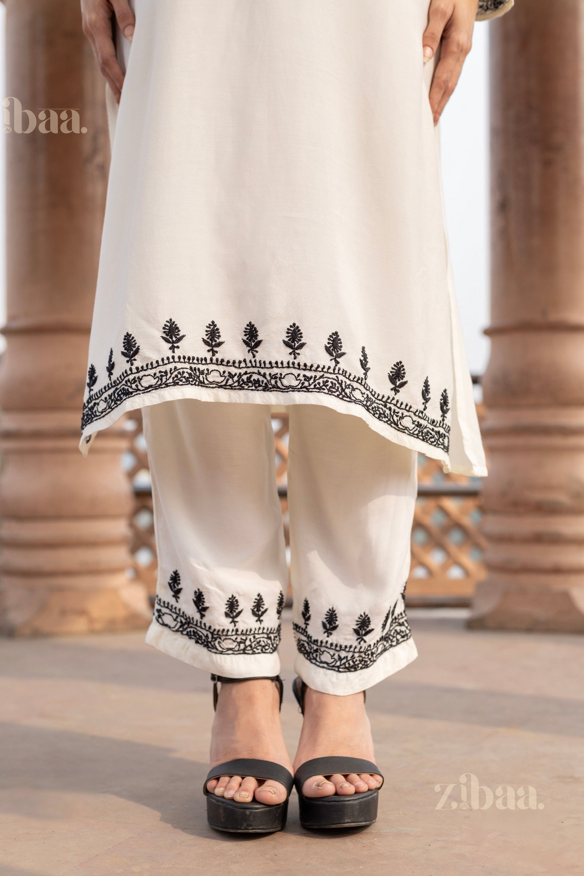 Zibaa Muslin Black & White Chikankari Co-ord Set 