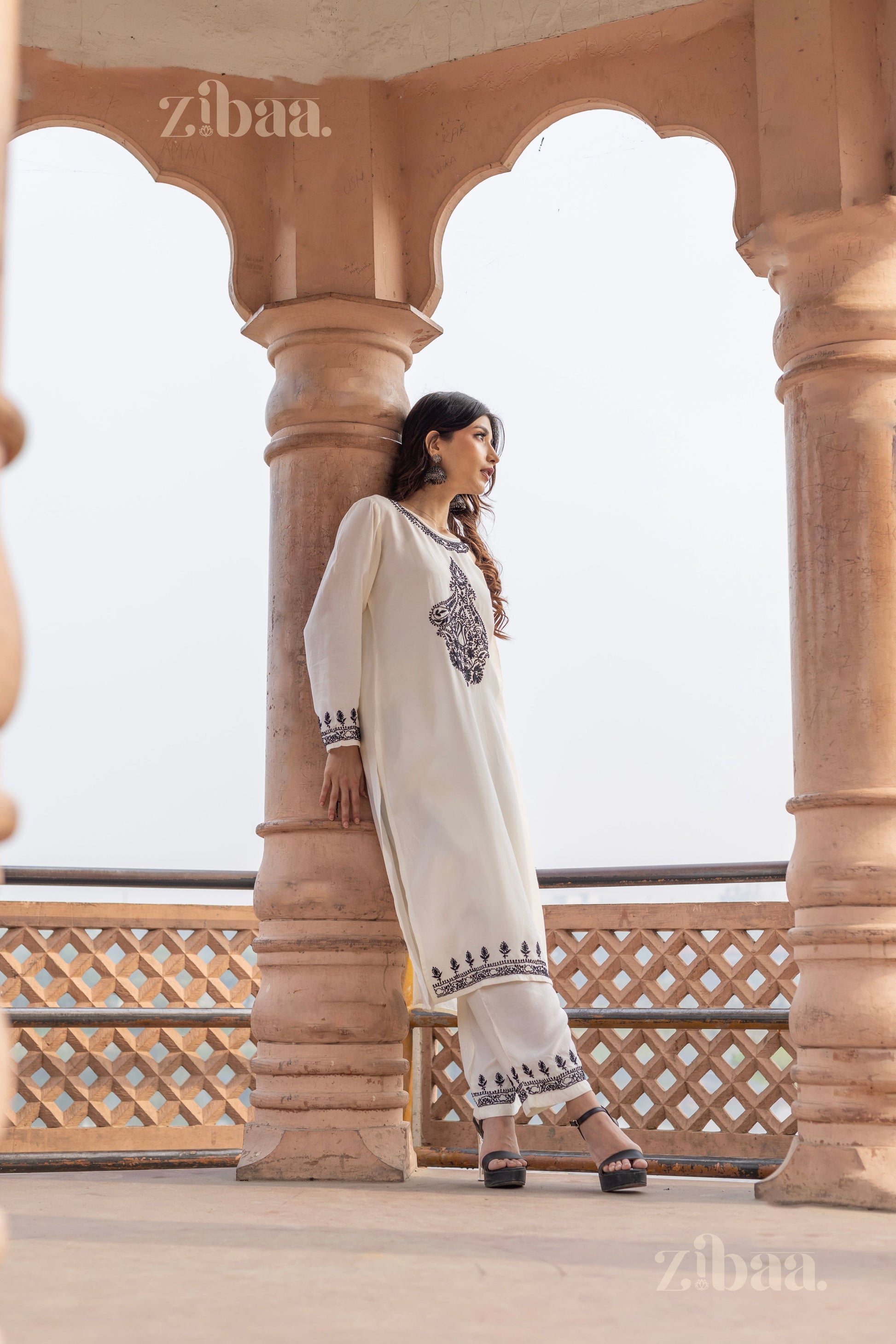 Zibaa Muslin Black & White Chikankari Co-ord Set 