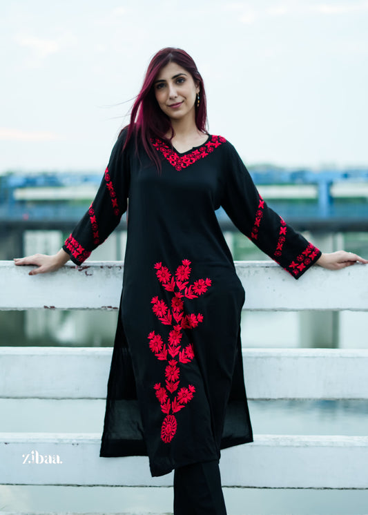 Zibaa Modal Red & Black Chikankari Kurta | Grab2Buy