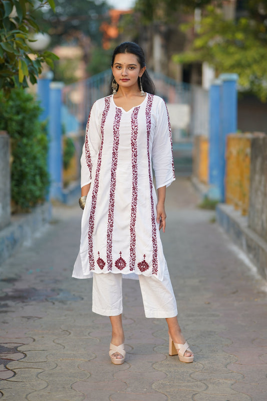 Zibaa Modal White Chikankari Kurti With Maroon Bel | Grab2Buy