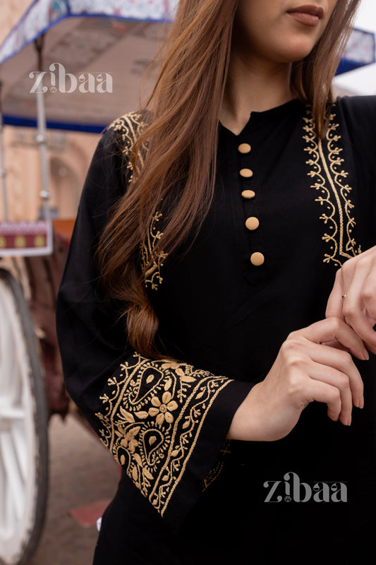 Zibaa Luxury Rayon Black Chikankari Kurta with Hand Jaal