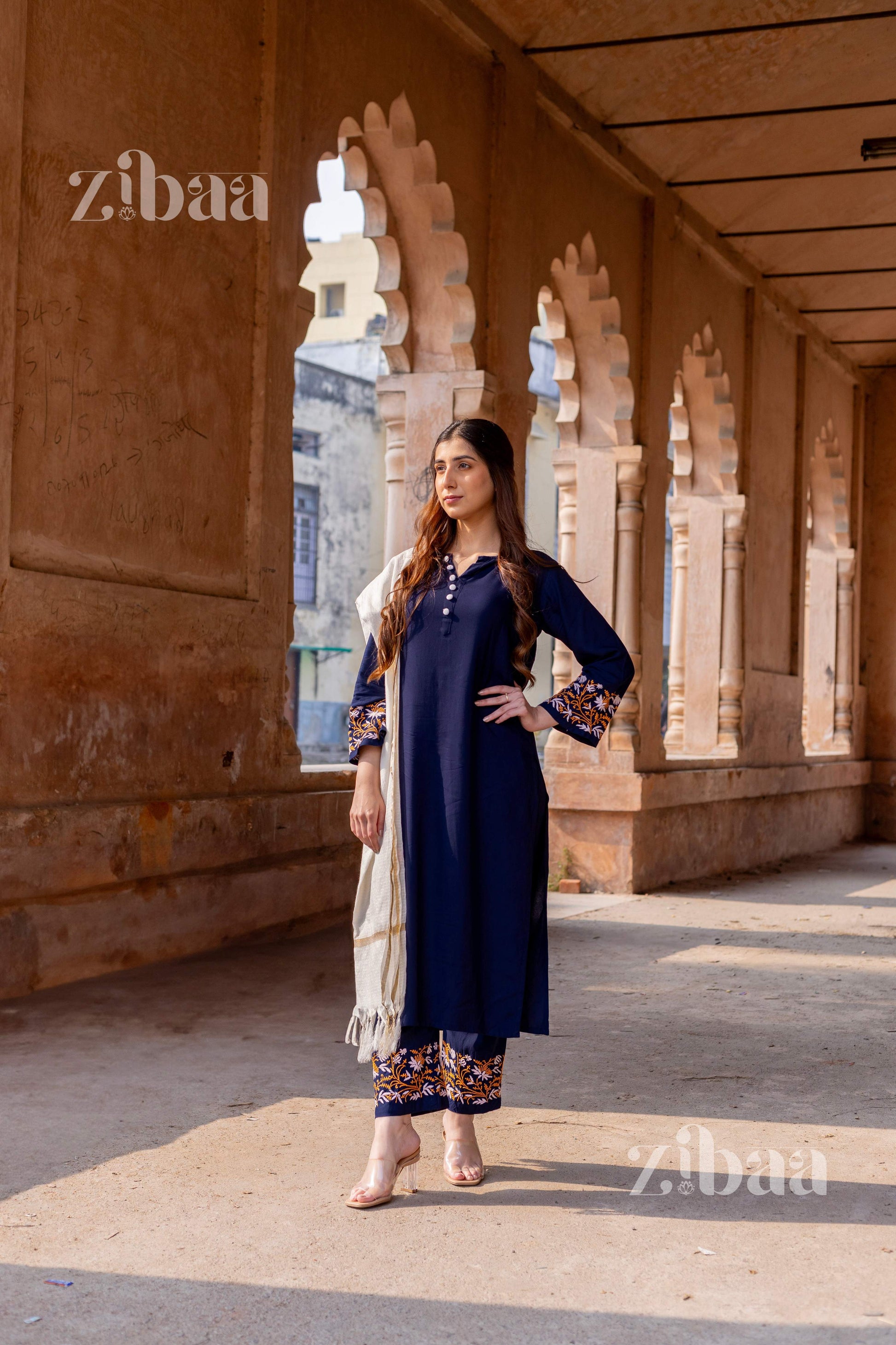 Zibaa Luxury Rayon Blue Chikankari Kurta Set with Kota Dupatta 