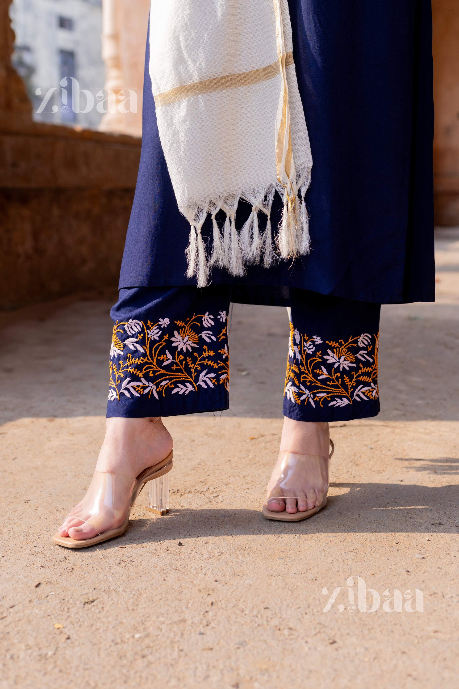 Zibaa Luxury Rayon Blue Chikankari Kurta Set with Kota Dupatta 
