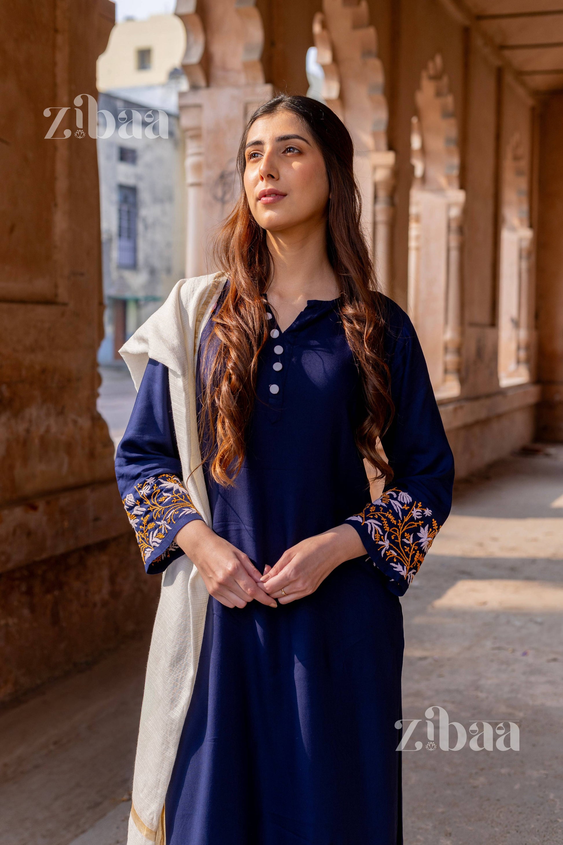Zibaa Luxury Rayon Blue Chikankari Kurta Set with Kota Dupatta 
