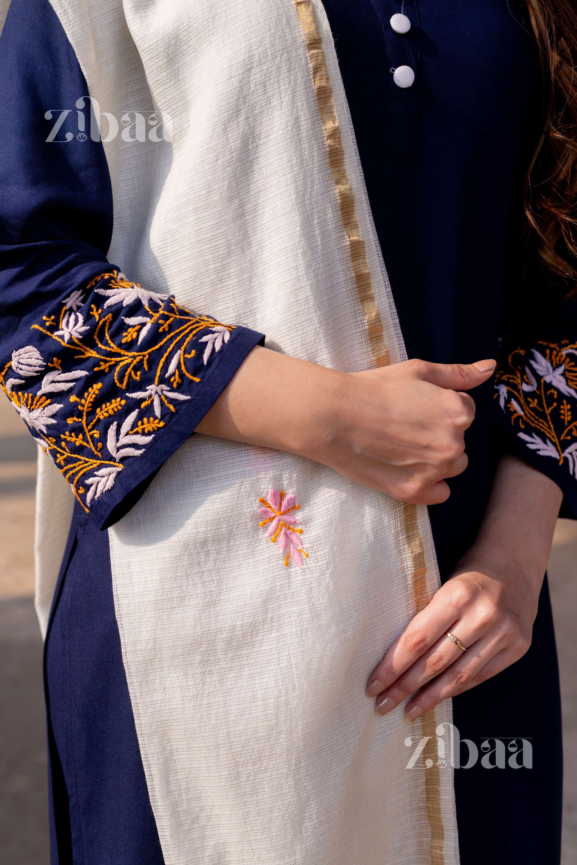Zibaa Luxury Rayon Blue Chikankari Kurta Set with Kota Dupatta 