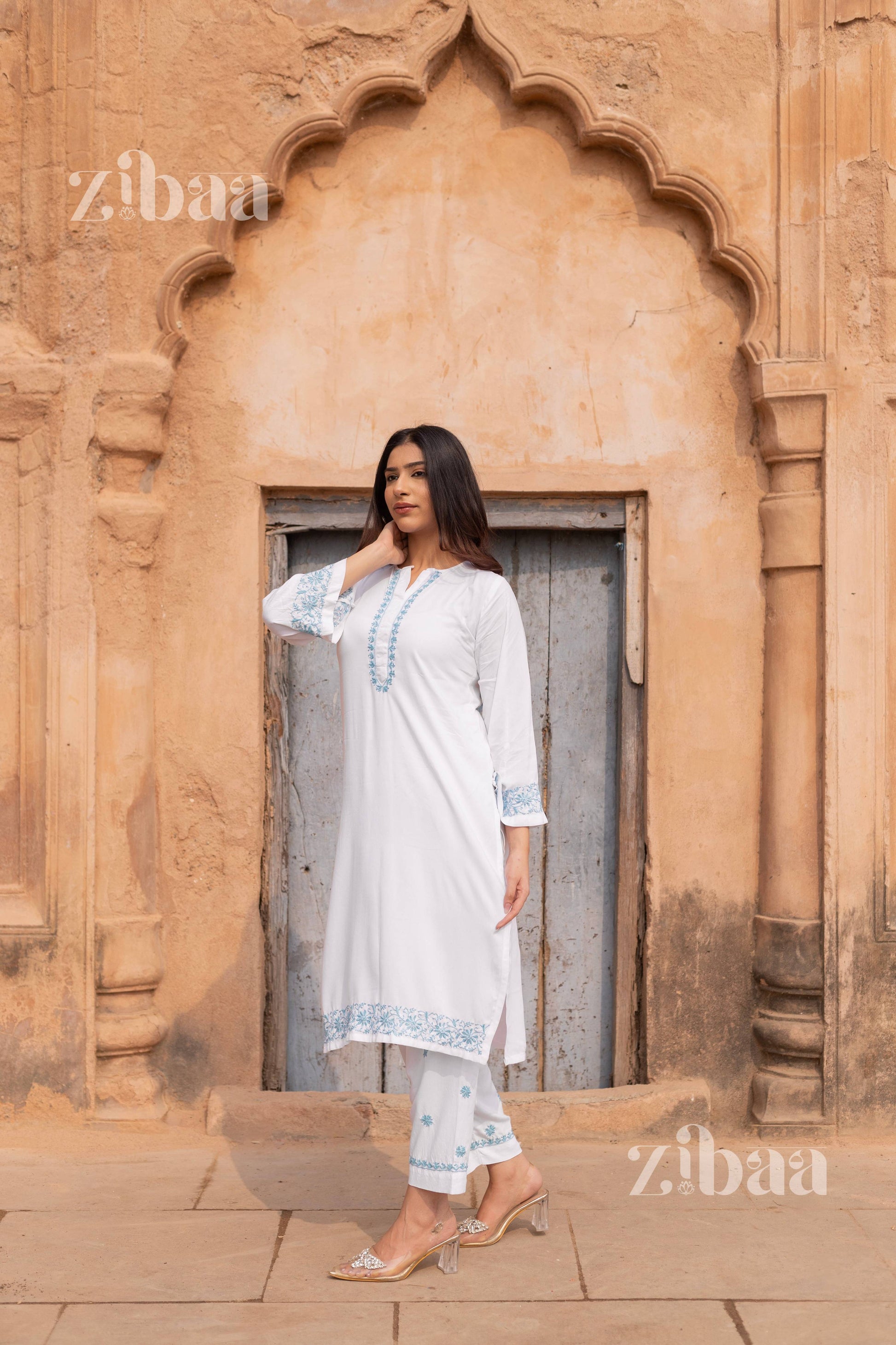 Zibaa Luxury Rayon White Chikankari Kurta Set | Grab2Buy