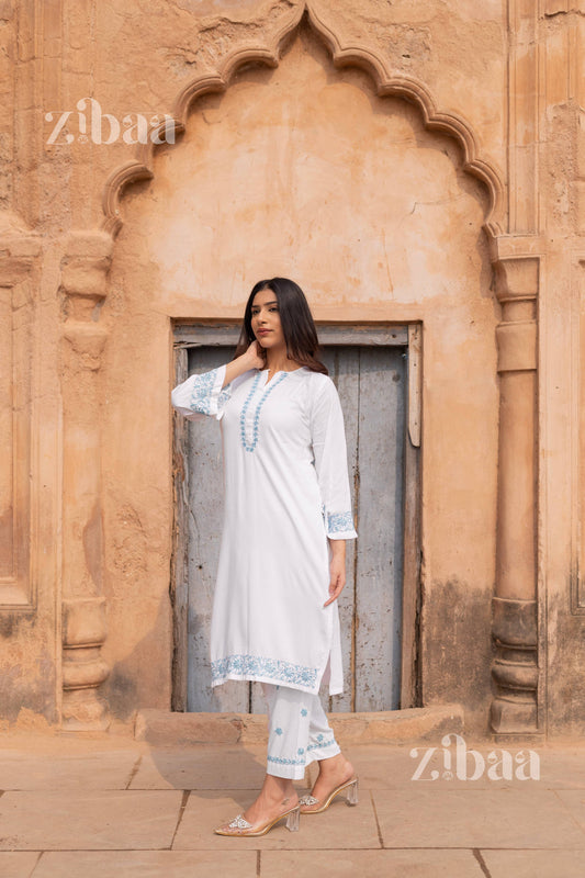 Zibaa Luxury Rayon White Chikankari Kurta Set | Grab2Buy