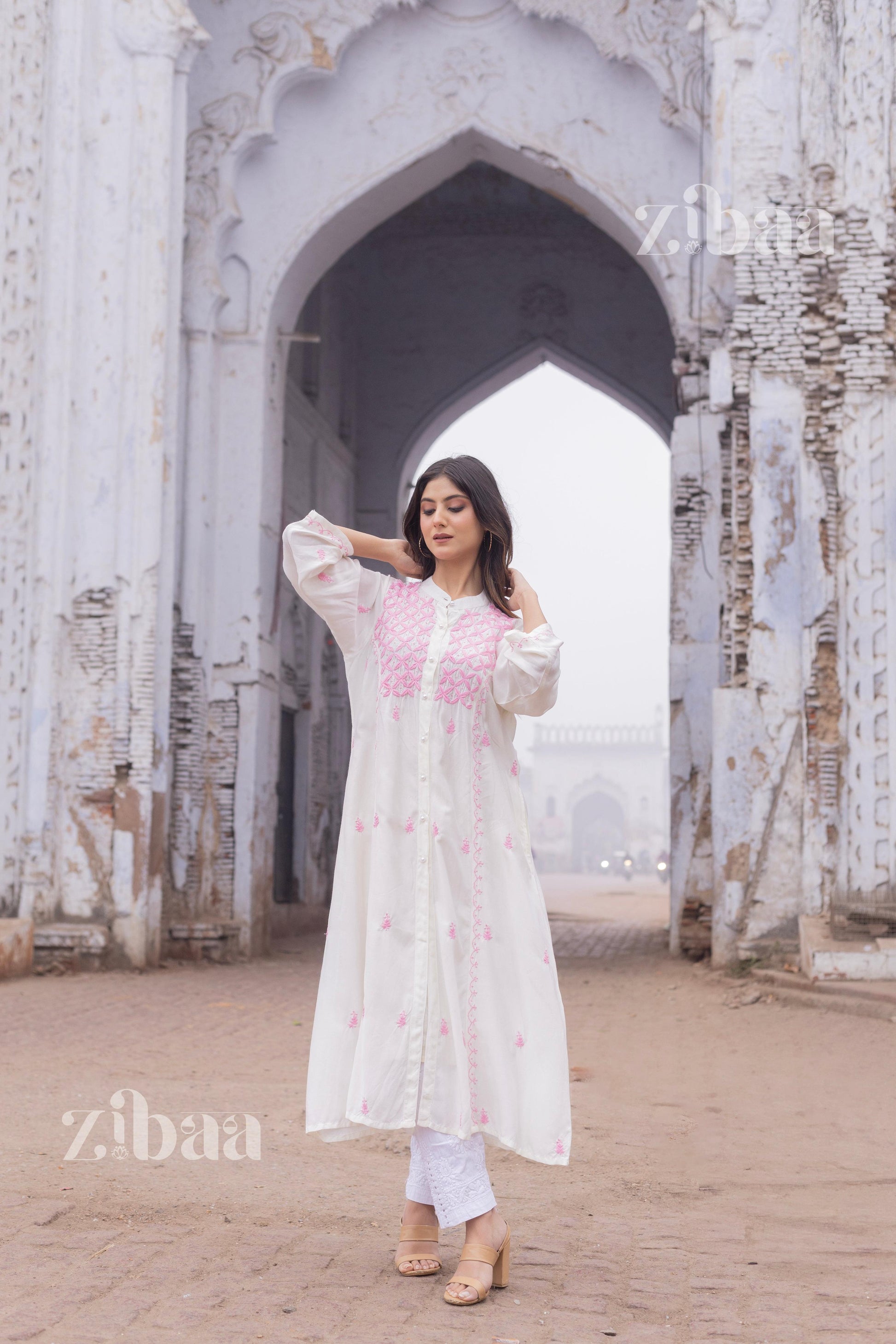 Zibaa Ivory Muslin Long Chikankari Kurta | Grab2Buy