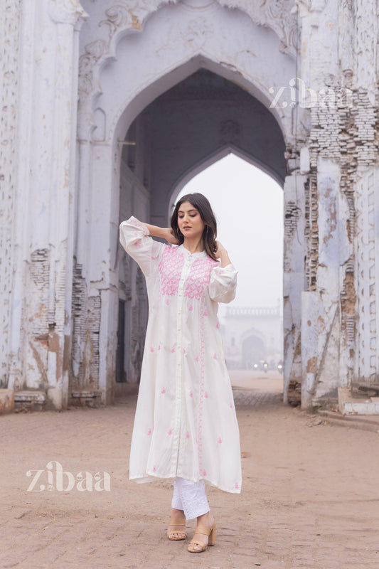 Zibaa Ivory Muslin Long Chikankari Kurta | Grab2Buy