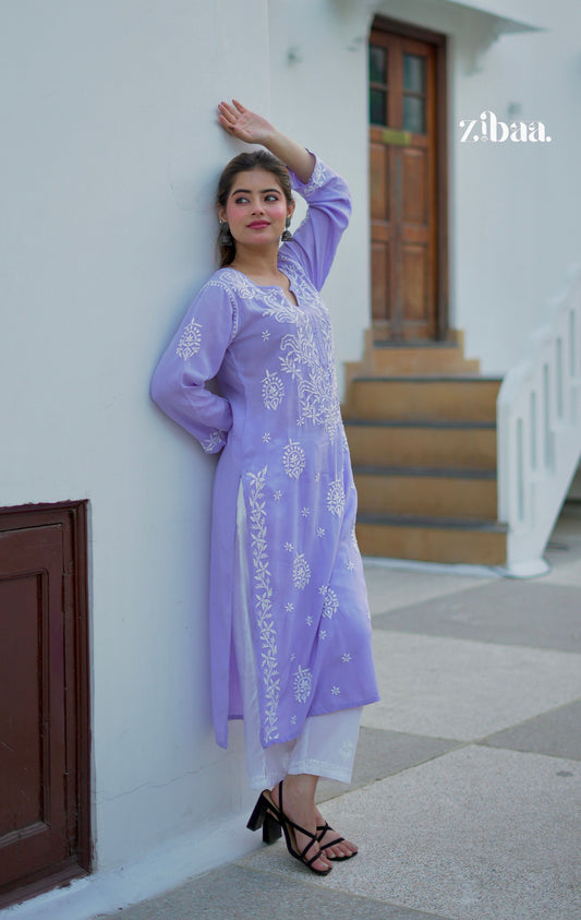Zibaa Modal Lavender Chikankari Kurta | Grab2Buy