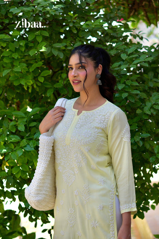Zibaa Modal Butter Yellow Chikankari Kurta 