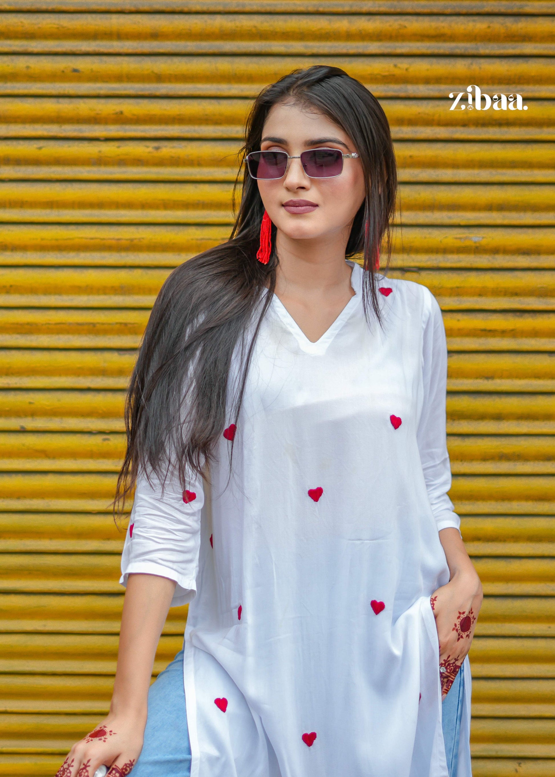 Zibaa White & Red Modal Chikankari Kurta | Grab2Buy