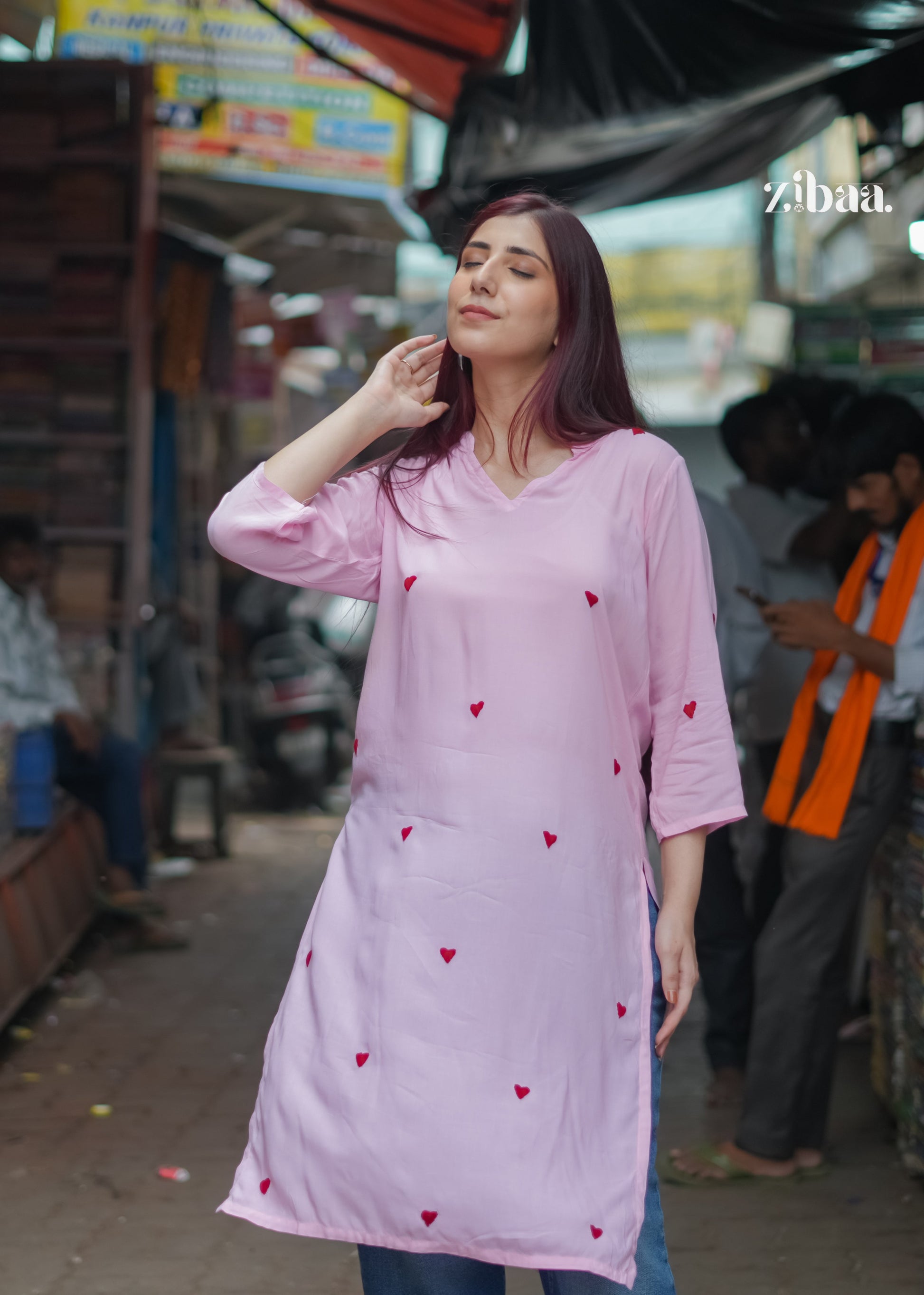 Zibaa Pink & Red Modal Chikankari Kurta | Grab2Buy