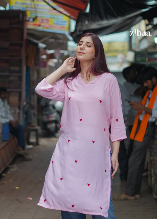 Zibaa Pink & Red Modal Chikankari Kurta | Grab2Buy