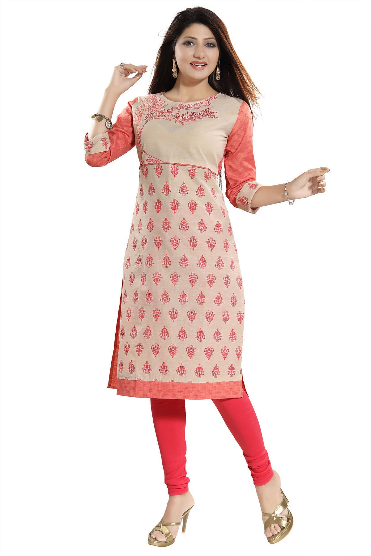Snehal Creations Flamboyant Tomato And Beige Cotton Printed Tunic