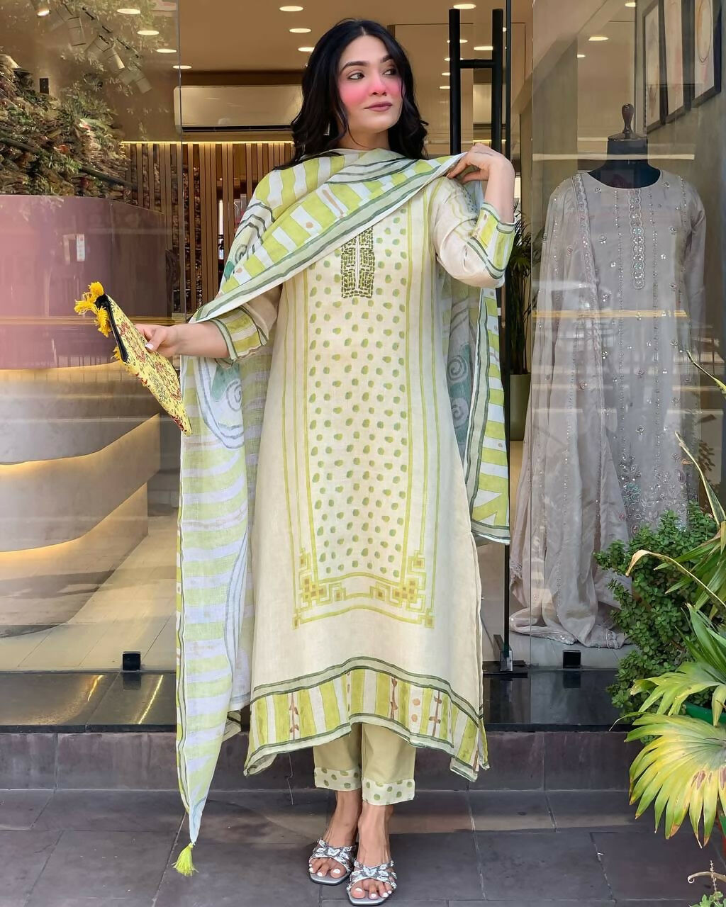 The52 Multi Women's Gorgeous Linen Silk Fabric Embroidered Work Straight Kurta Pant and Dupatta Set | Grab2Buy