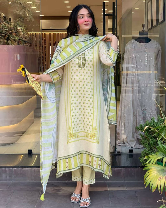 The52 Multi Women's Gorgeous Linen Silk Fabric Embroidered Work Straight Kurta Pant and Dupatta Set | Grab2Buy