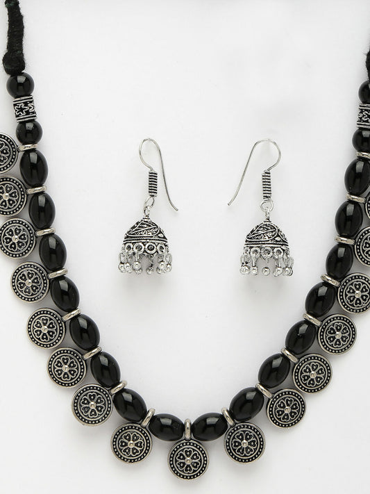 NVR Women's Black Silver-Plated Choke Oxidized Necklace with Jhumka Earrings - Grab2buy
