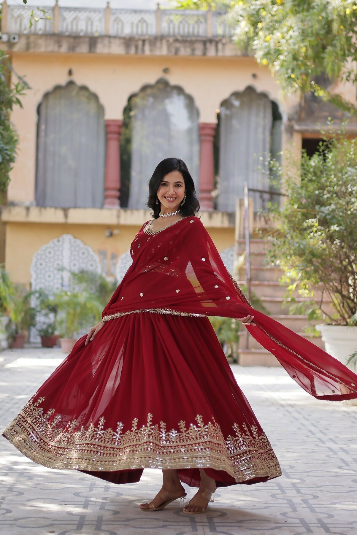 Joban Fashion Maroon Georgette Sequence Embroidery Work Kurta Set