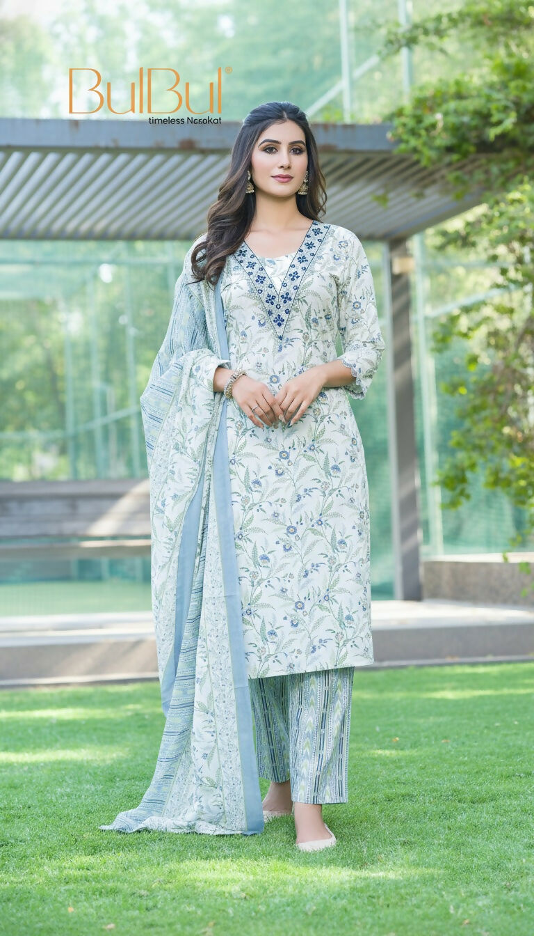 BulBul Fashionista Cotton Floral Blue Kurta Set with Dupatta 