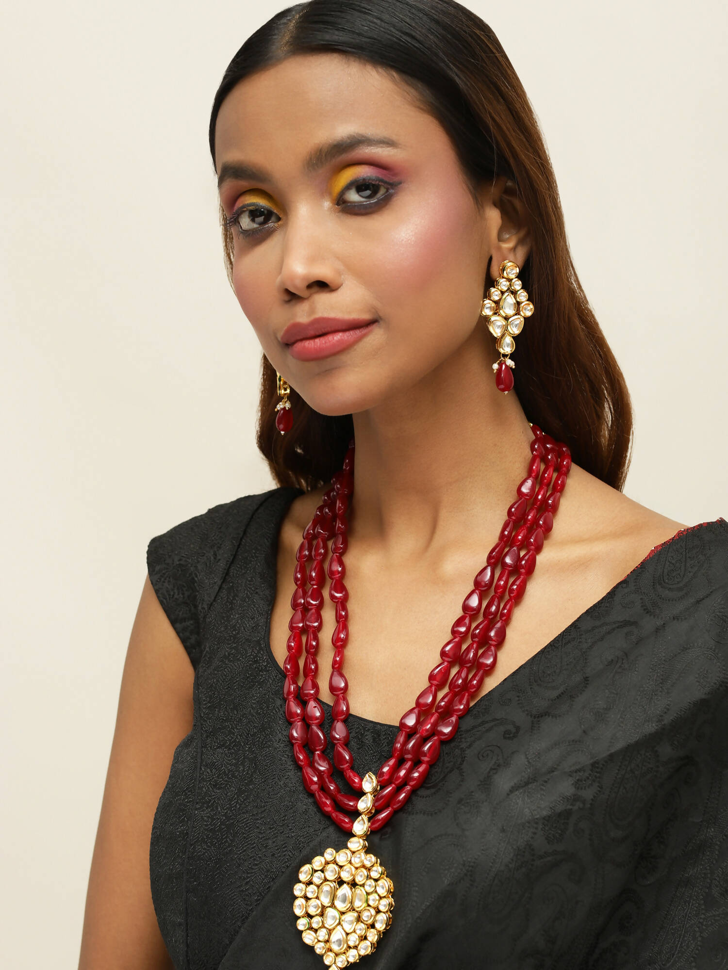 Gold-Plated White Maroon Kundan Studded Beaded Handcrafted Jewellery Set - Ruby Raang - Grab2buy
