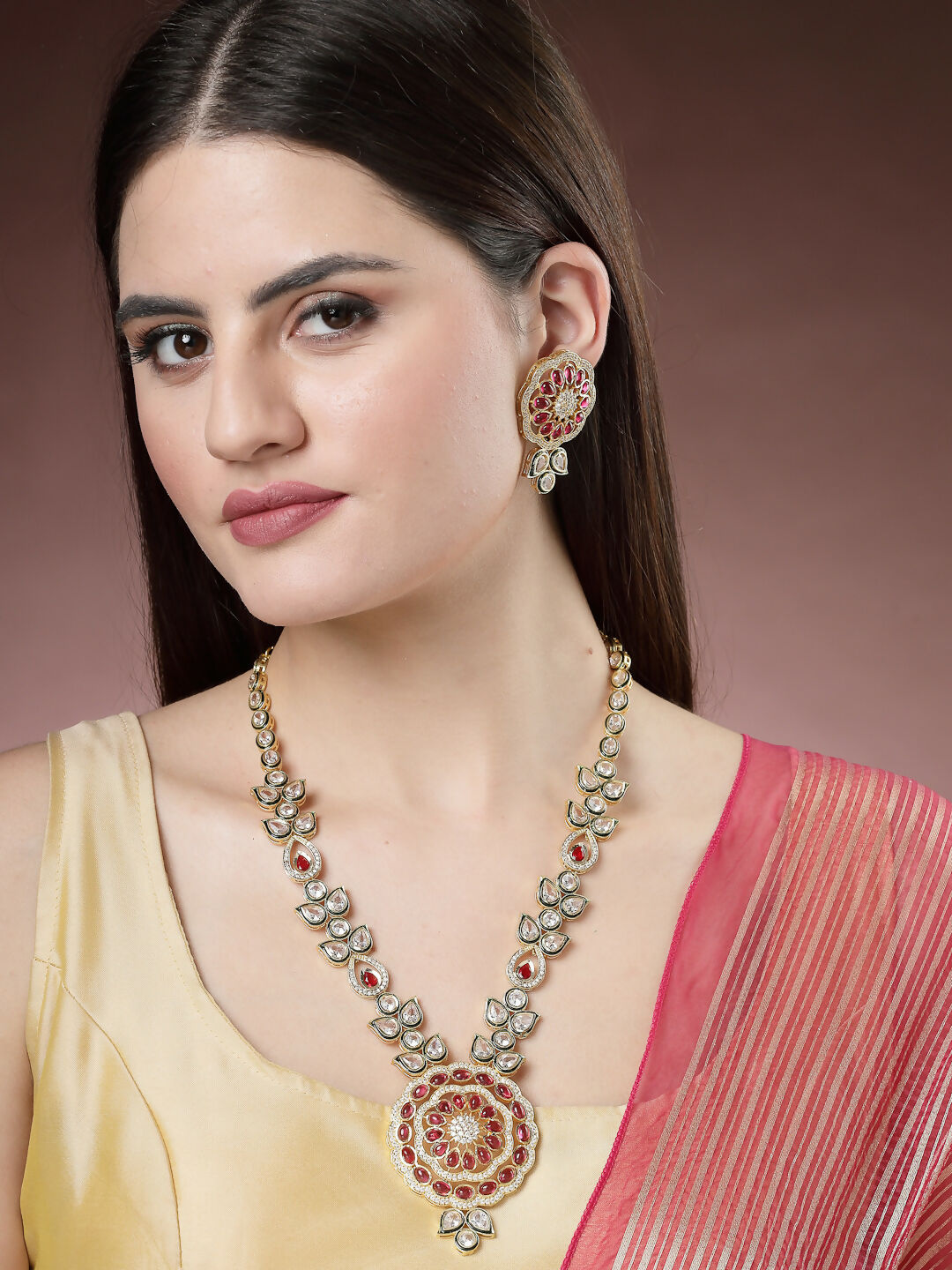 NVR Women's Red & Gold Kundan Studded Handcrafted Jewellery Set