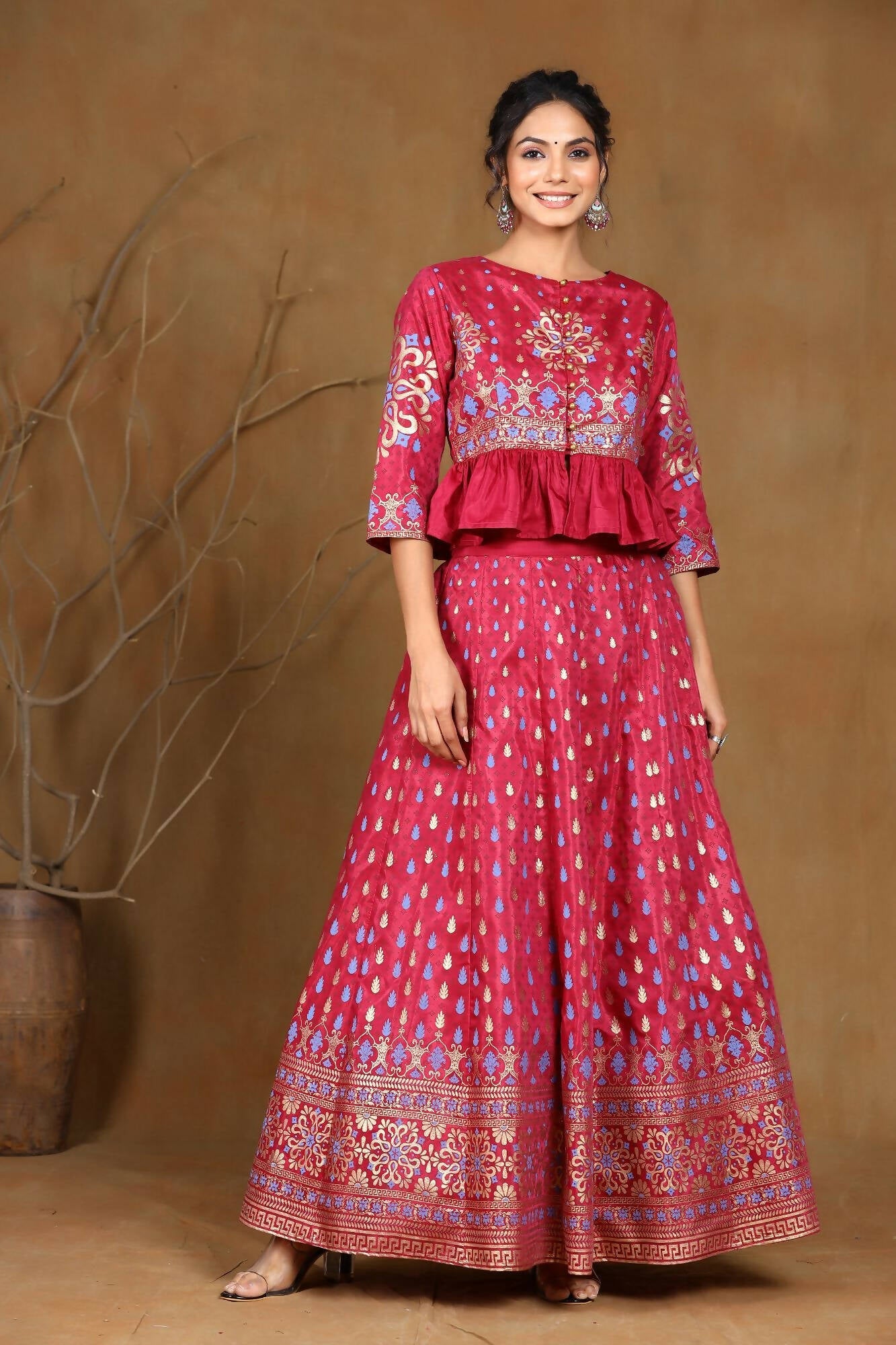 Juniper Women Burgundy Shantoon Printed Flared Lehenga Choli Sets