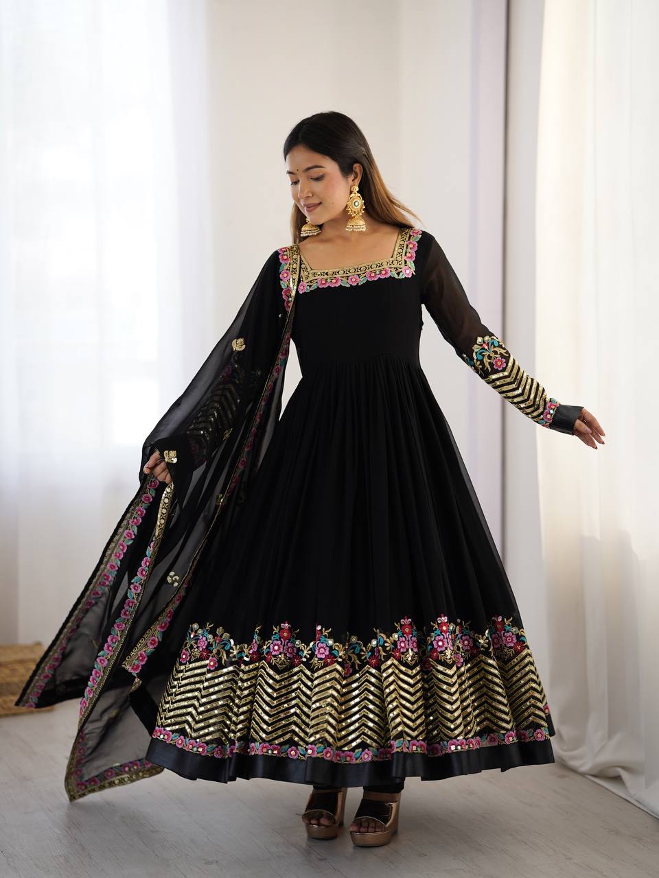 Prazu Fashion Black Georgette Embroidered Sequence Anarkali Suit