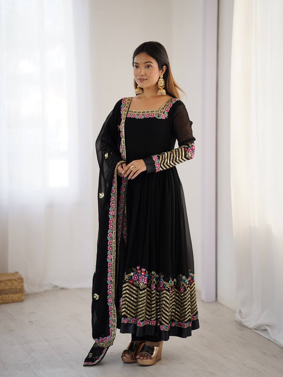 Prazu Fashion Black Georgette Embroidered Sequence Anarkali Suit