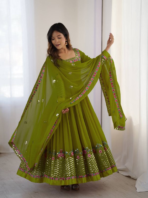Prazu Fashion Parrot Green Georgette Embroidered Sequence Anarkali Suit