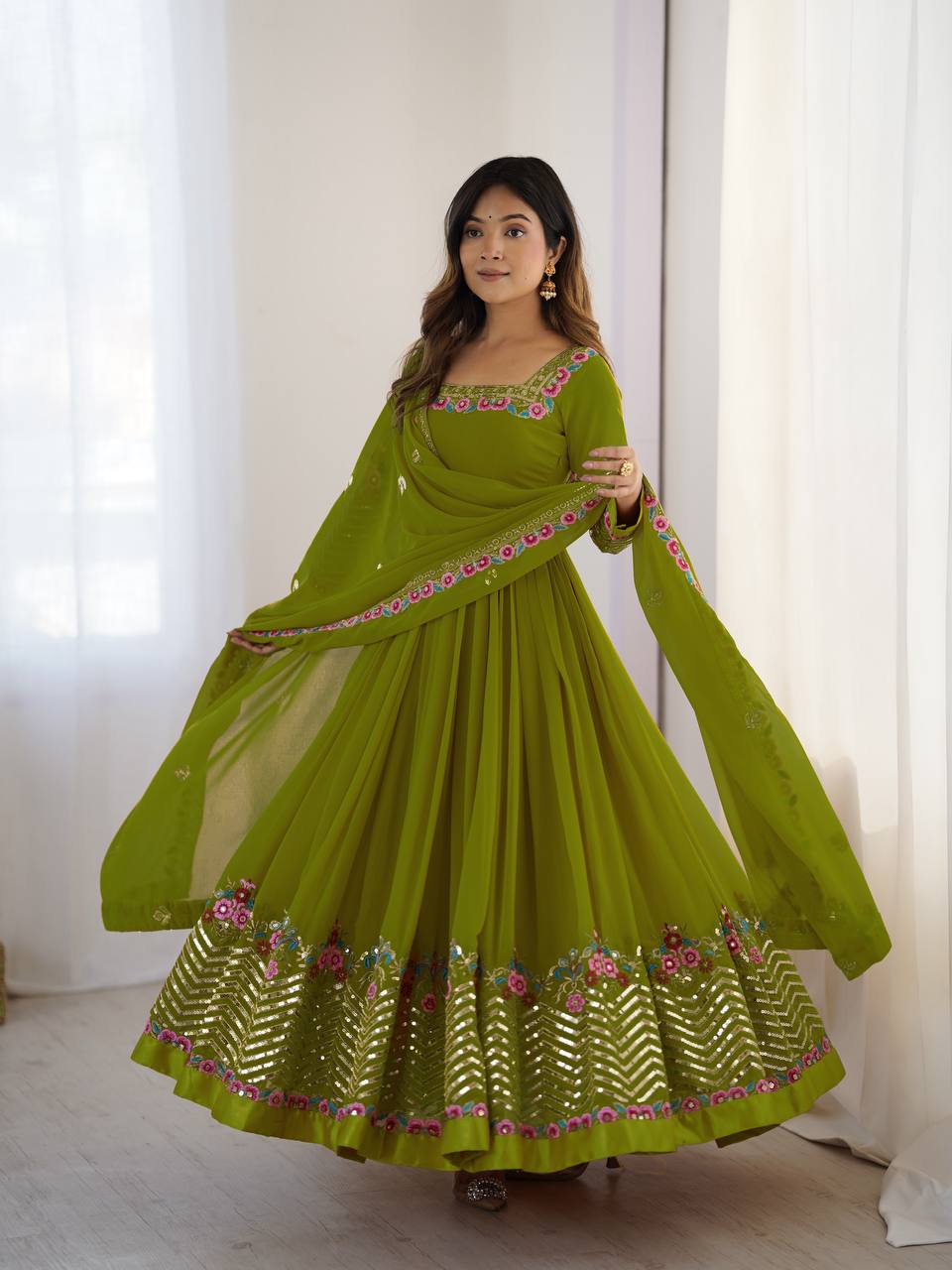 Prazu Fashion Parrot Green Georgette Embroidered Sequence Anarkali Suit