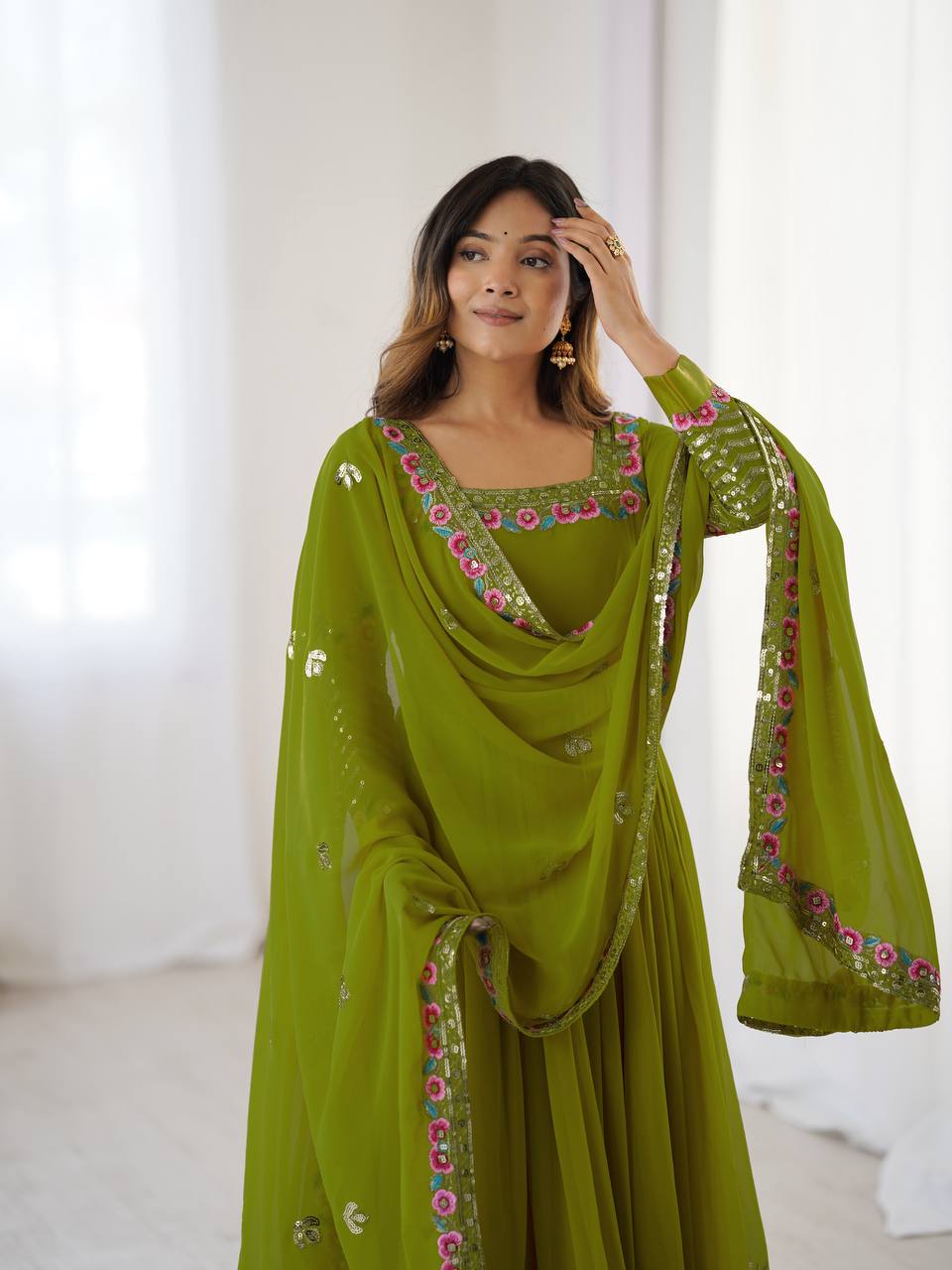 Prazu Fashion Parrot Green Georgette Embroidered Sequence Anarkali Suit