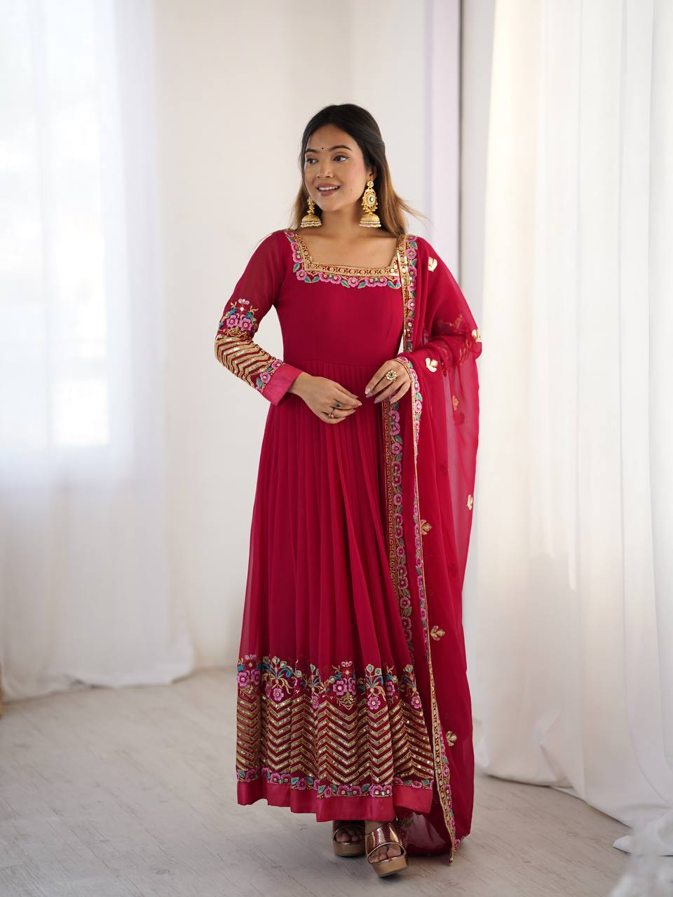 Prazu Fashion Rani Pink Georgette Embroidered Sequence Anarkali Suit