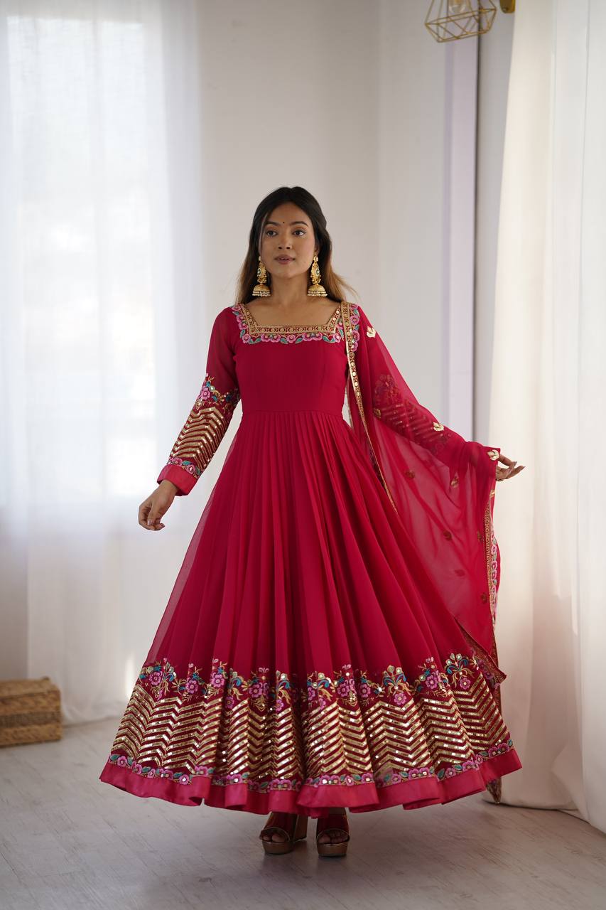 Prazu Fashion Rani Pink Georgette Embroidered Sequence Anarkali Suit