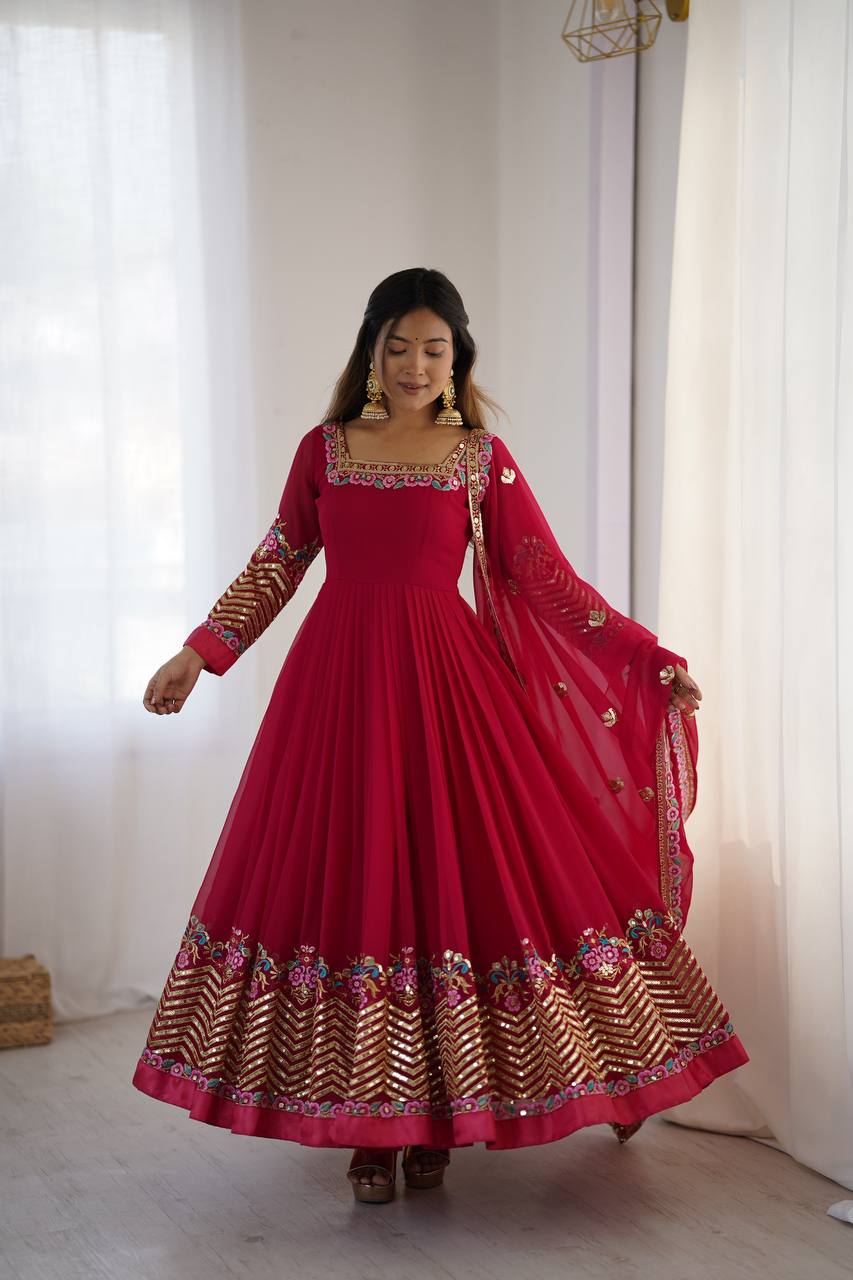 Prazu Fashion Rani Pink Georgette Embroidered Sequence Anarkali Suit