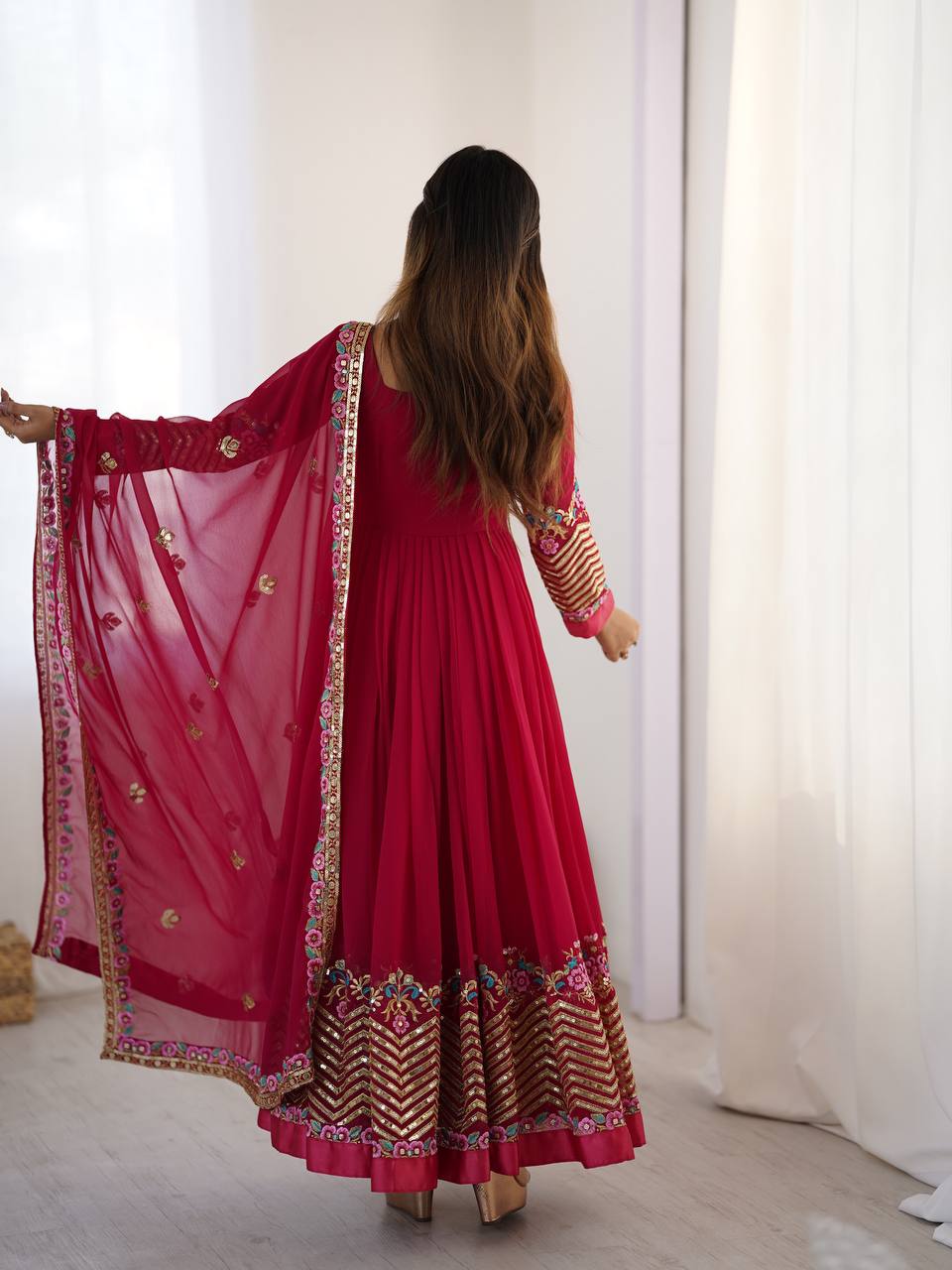 Prazu Fashion Rani Pink Georgette Embroidered Sequence Anarkali Suit
