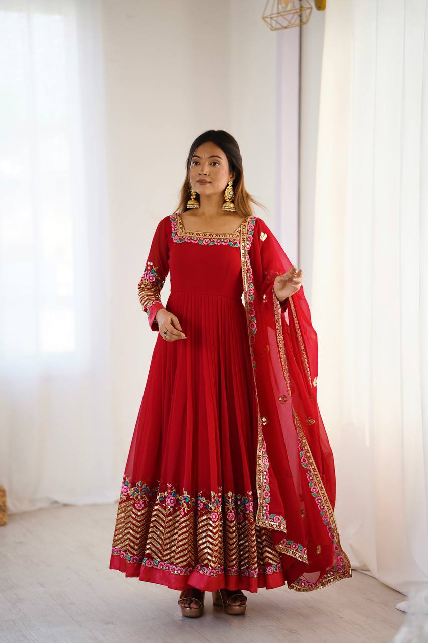 Prazu Fashion Red Georgette Embroidered Sequence Anarkali Suit