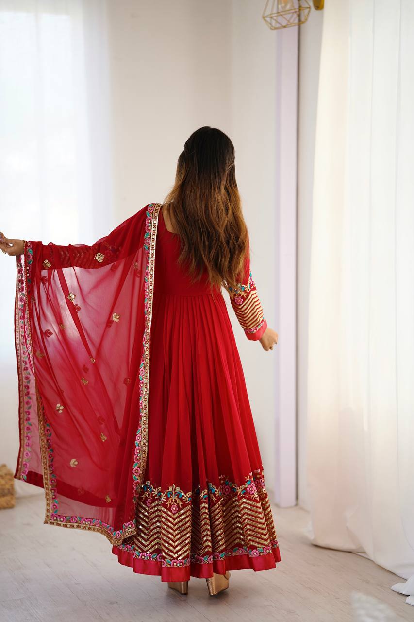 Prazu Fashion Red Georgette Embroidered Sequence Anarkali Suit