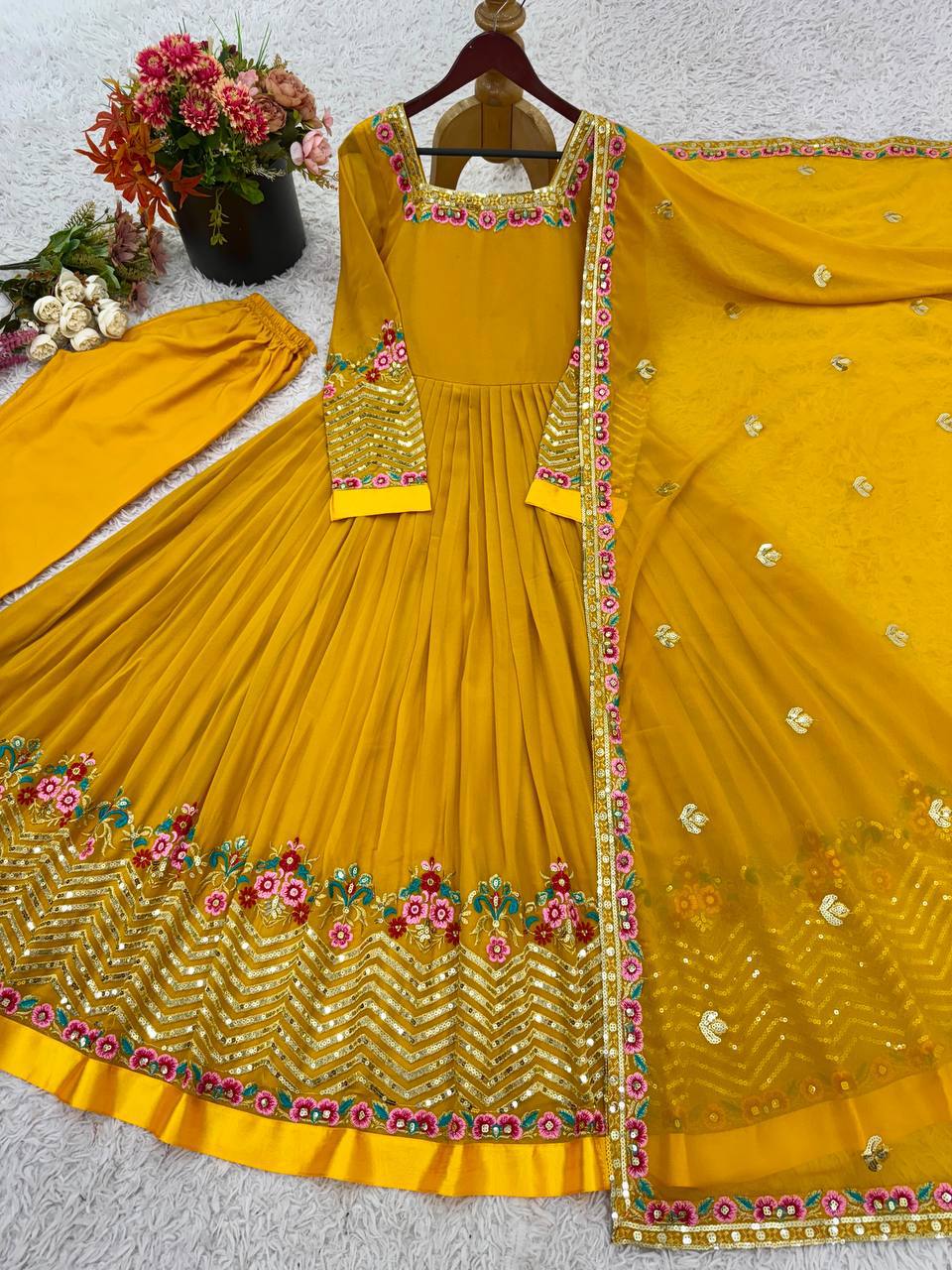 Prazu Fashion Yellow Georgette Embroidered Sequence Anarkali Suit