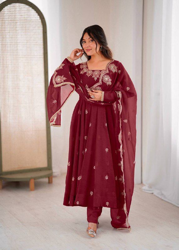 Prazu Fashion Maroon Crunchy Silk Embroidered Sequence Anarkali Suit