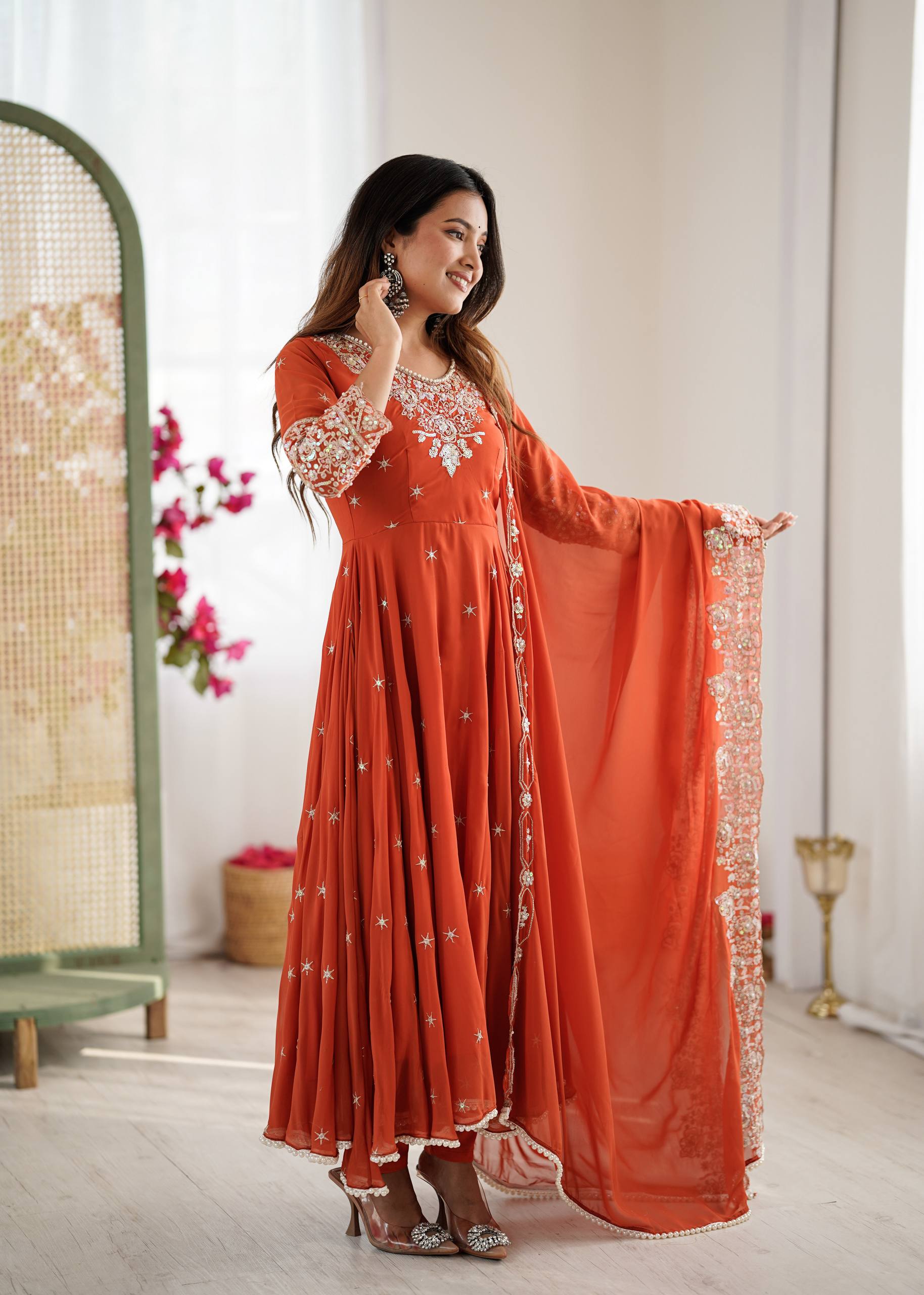 Prazu Fashion Red Georgette Embroidered With Moti Work Anarkali Suit