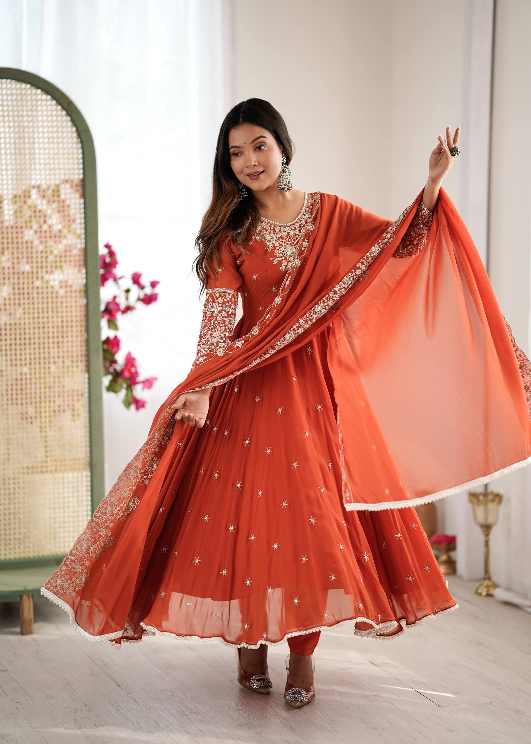 Prazu Fashion Red Georgette Embroidered With Moti Work Anarkali Suit