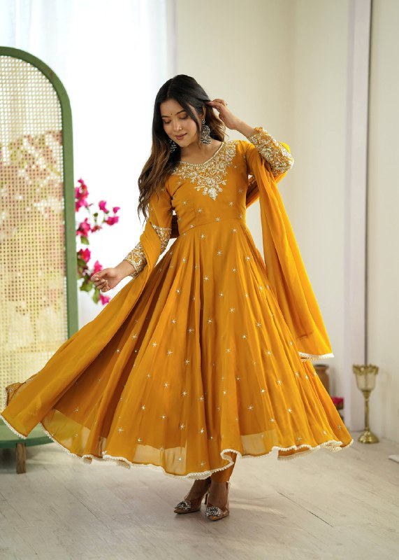 Prazu Fashion Yellow Georgette Embroidered With Moti Work Anarkali Suit