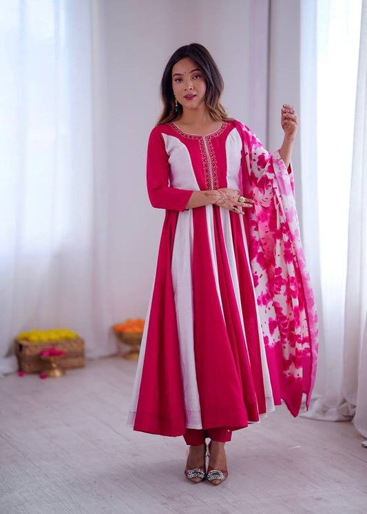 Prazu Fashion Pink And White Roman Silk Embroidery With Digital Print Work Kurta Suit