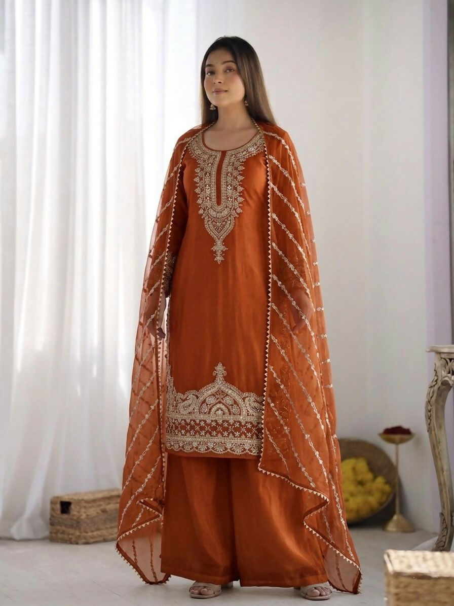 Teeya Creation New latest Trendy Embroidery Beads Work Kurta Sharara Set - Orange